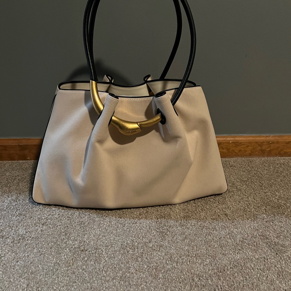 cult gaia Beige Shoulder Bag with Black Handles and Gold Accent - Picture 8 of 14
